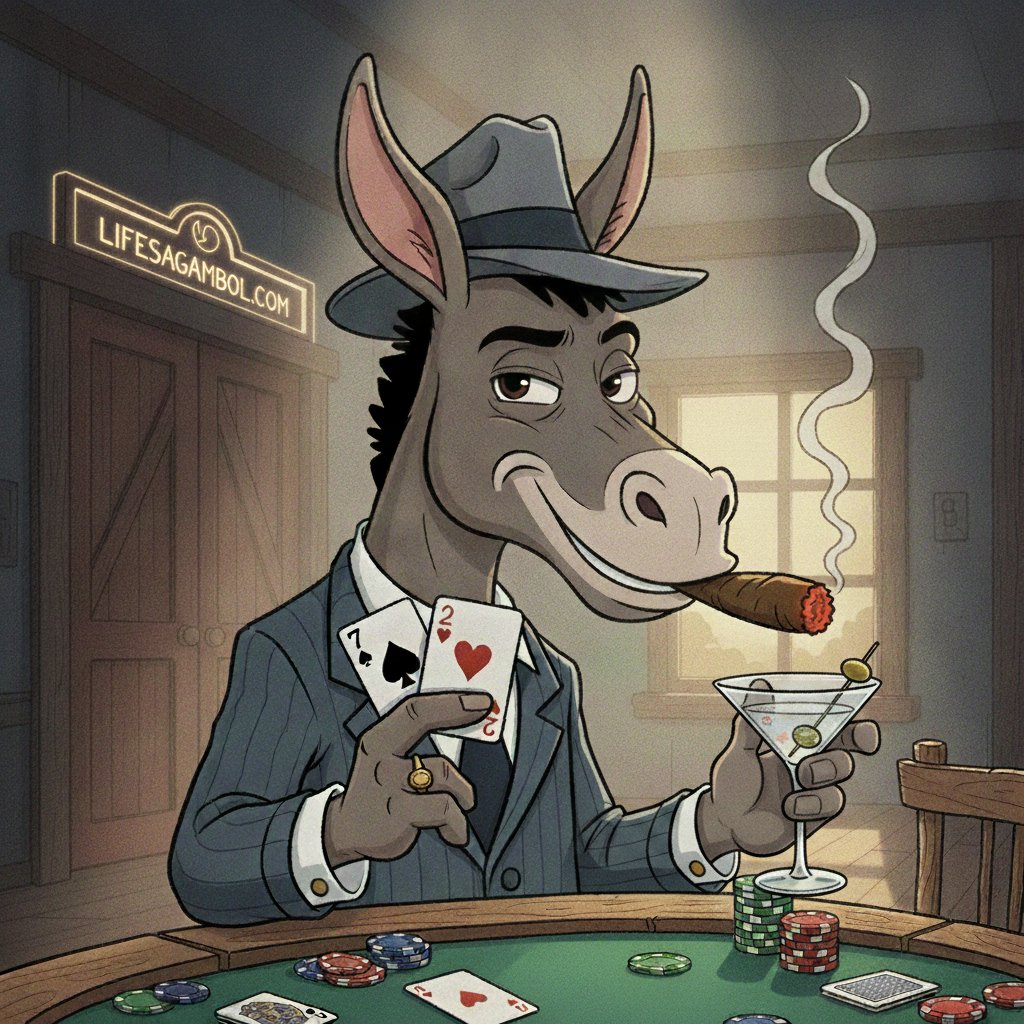 Lifes a Gambol mascot — donkey playing poker holding 7-2 offsuit with a cigar and martini